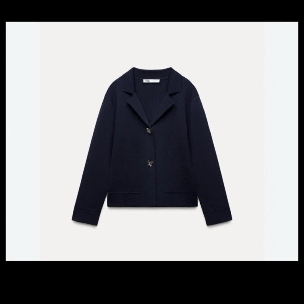 NWT Zara Flower Button Knit Cardigan Blazer Sweater in Navy Blue size Medium - Picture 5 of 12